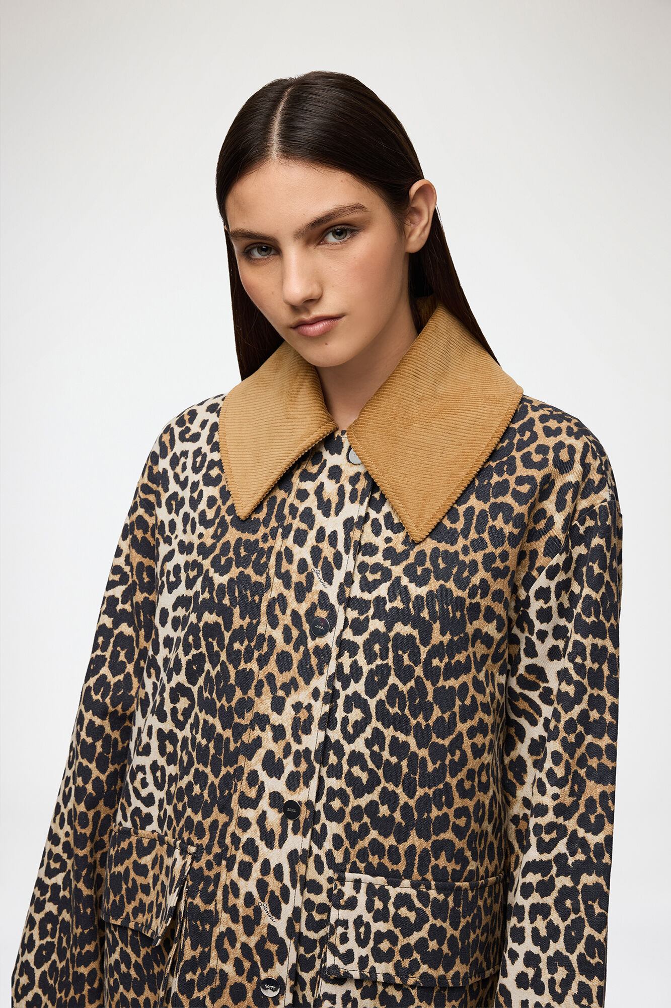 Leopard Printed Canvas Midi Jacket, Organic Cotton, in colour Almond Milk - 3 - GANNI
