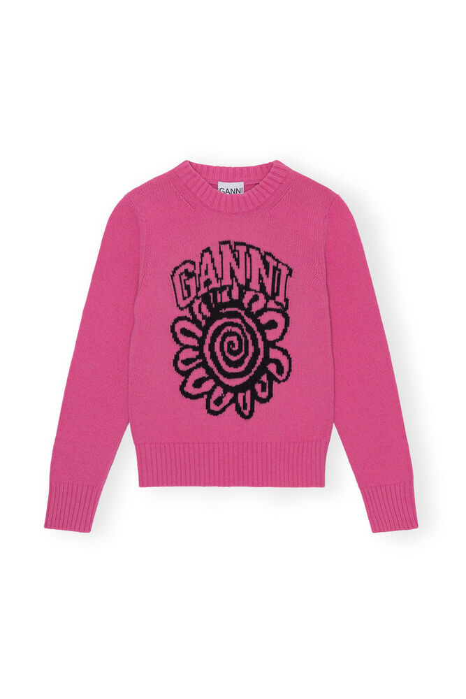 Pink Flower Graphic O-neck Pullover, Cone Flower