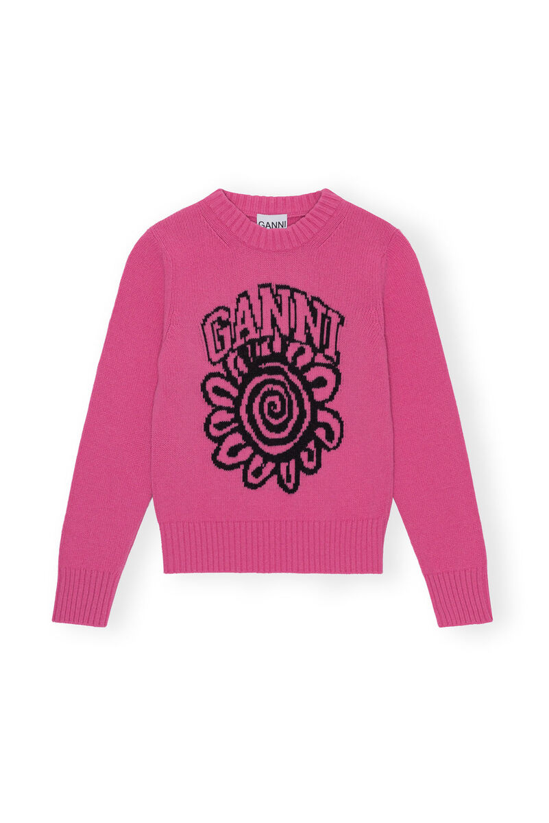 Pink Flower Graphic O-neck Pullover, Recycled Polyamide, in colour Cone Flower - 1 - GANNI
