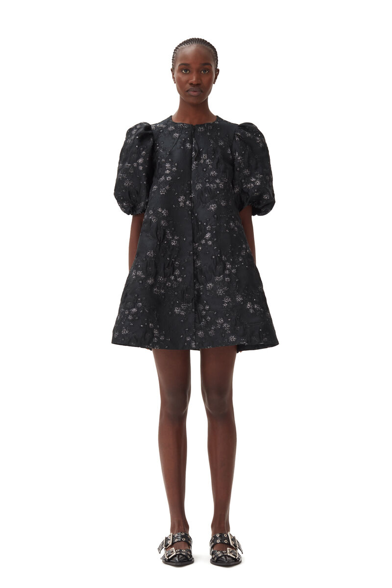 Black/Silver 3D Jacquard A-line Mini Dress, in colour Black - 1 - GANNI
