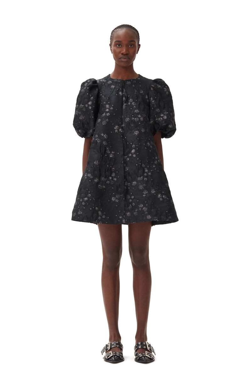 Black/Silver 3D-Jacquard-Minikleid mit A-Linien-Schnitt, Polyamide, in colour Black - 1 - GANNI