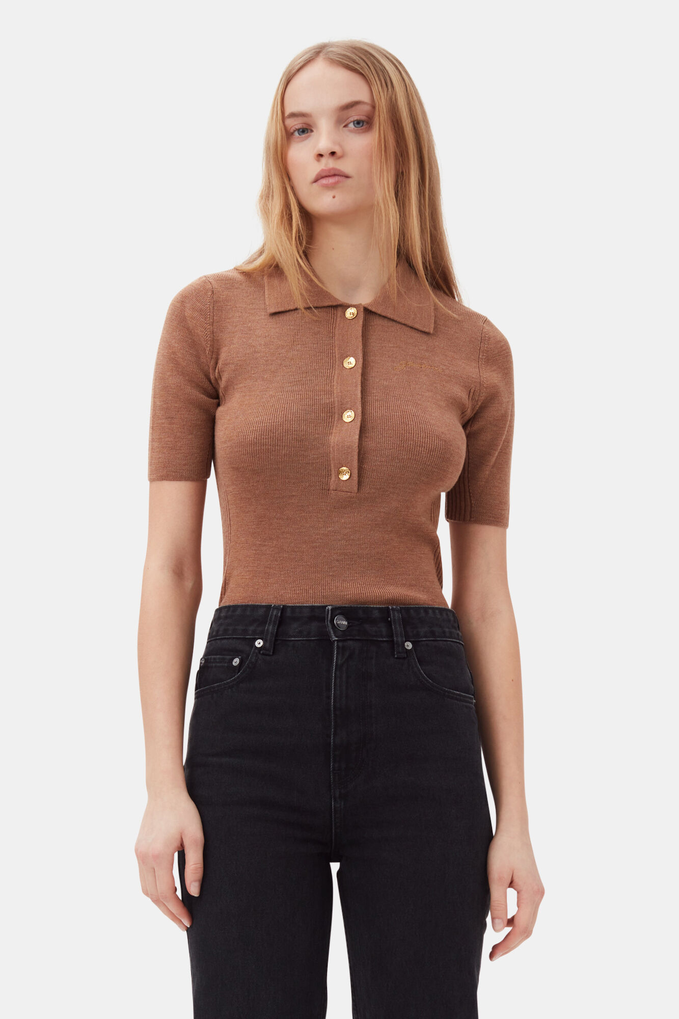Brown Ribbed Merino Short Sleeve Poloshirt, Merino Wool, in colour Safari - 1 - GANNI