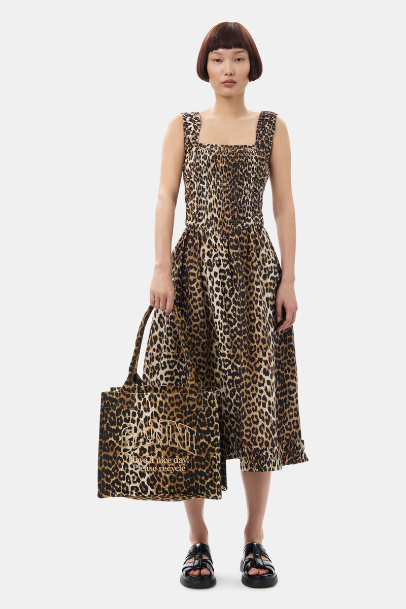 Leopard Printed Cotton Poplin Midi Strap Smock Dress, Cotton, in colour Leopard - 1 - GANNI