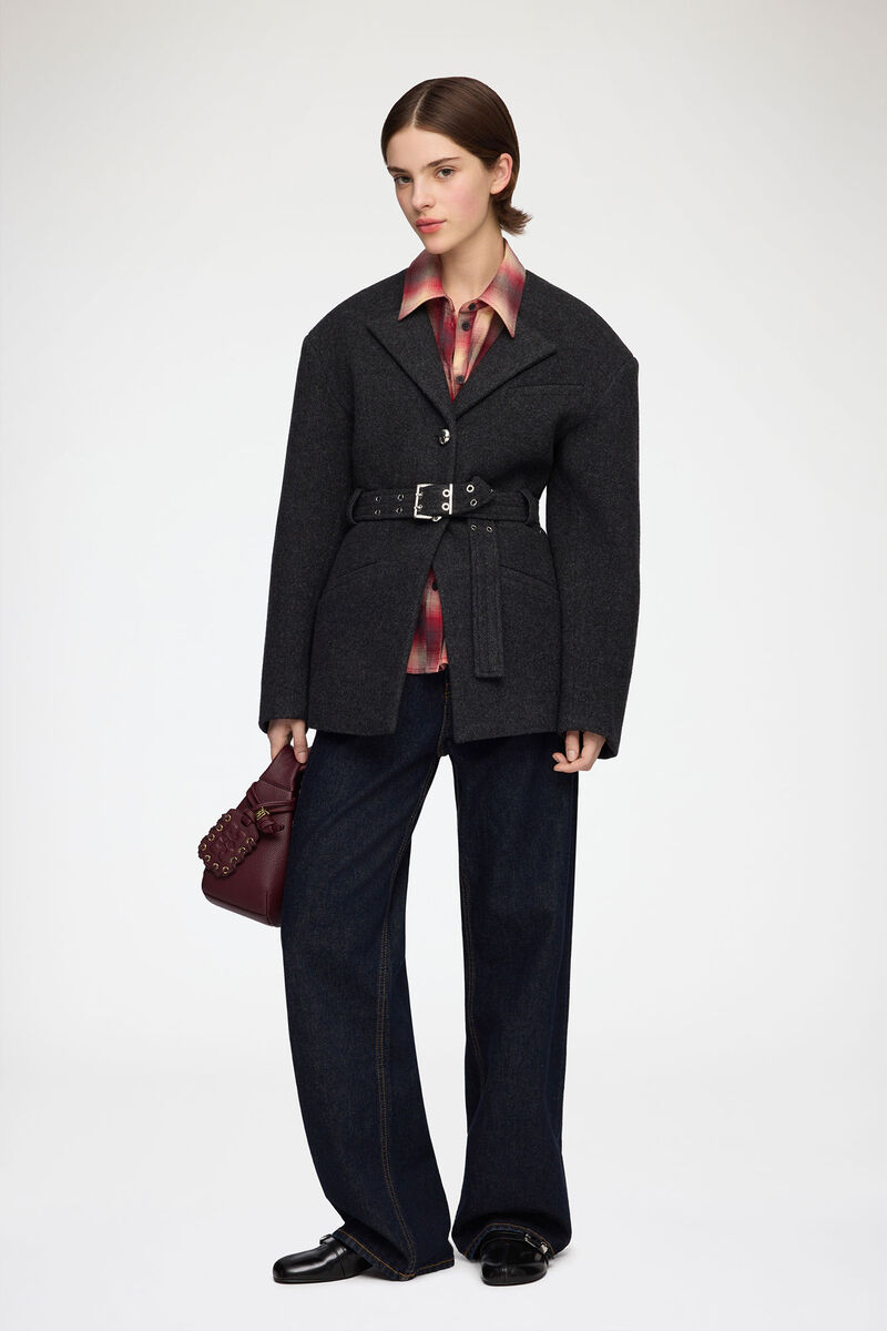 Jacket in Grey Wool, Wool, in colour Phantom - 2 - GANNI