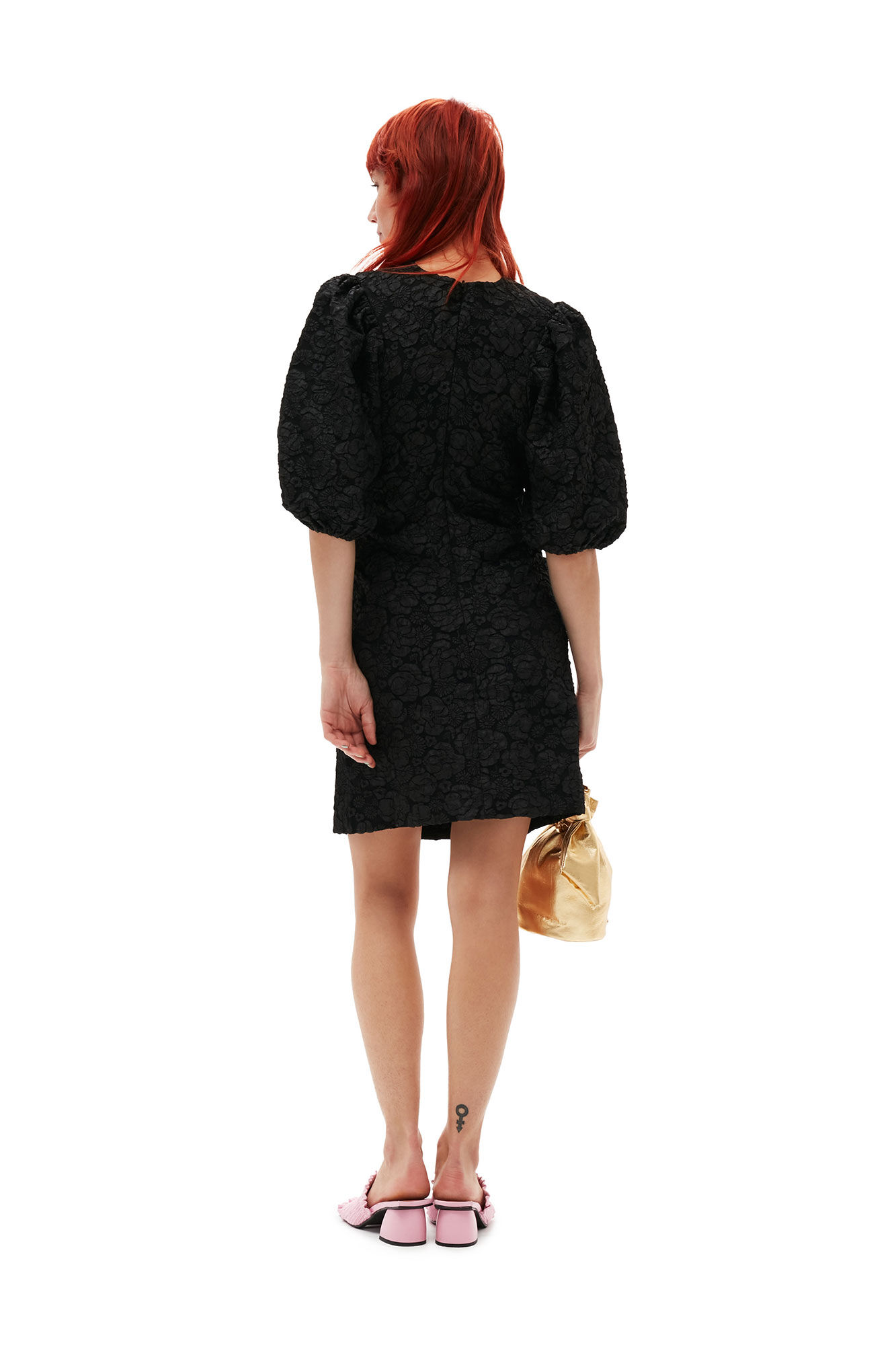 Stretch Jacquard Puff Sleeves Mini Dress, Polyester, in colour Black - 5 - GANNI