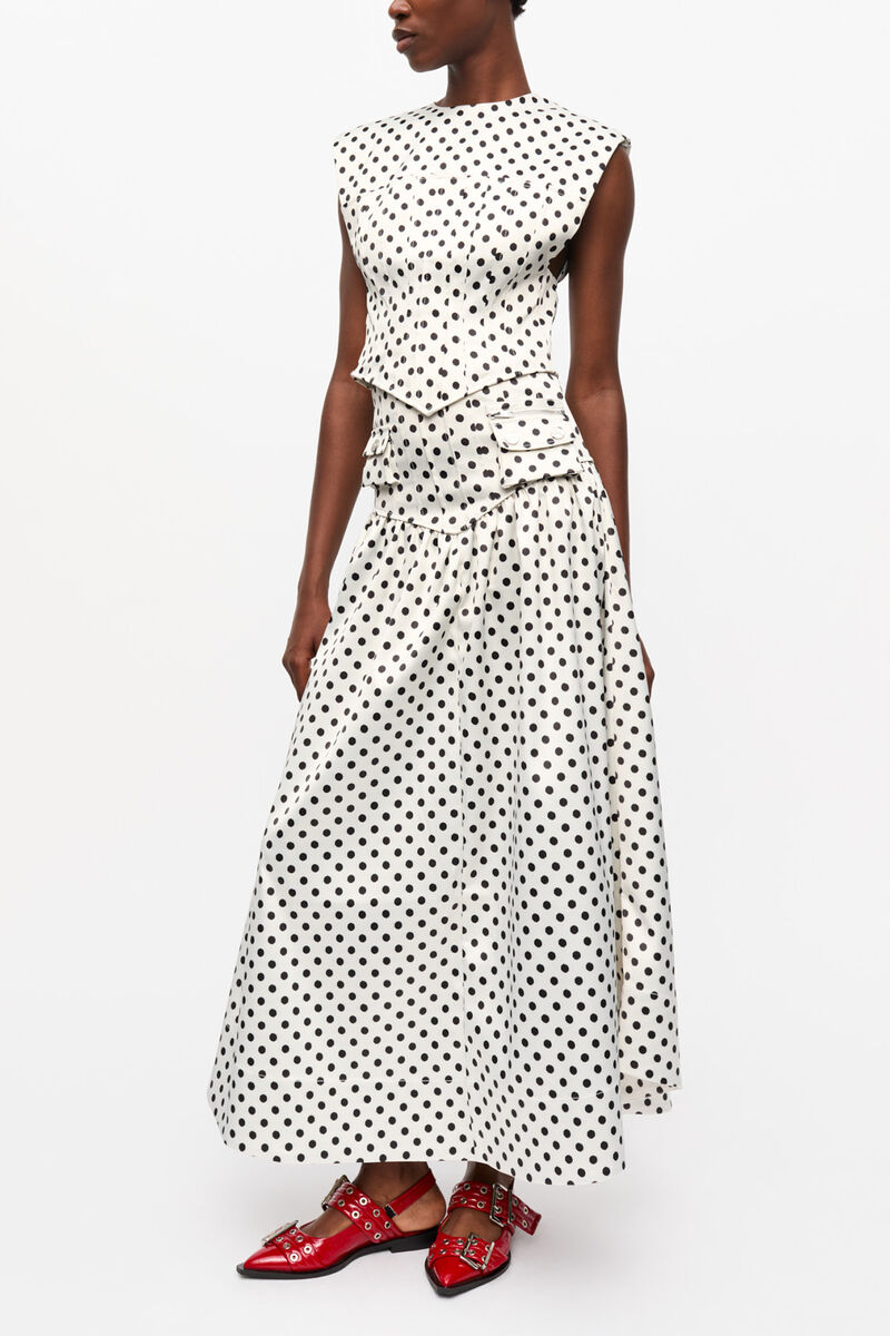 Polka-dot Double Satin Long Pocket Skirt, Recycled Polyester, in colour Egret - 1 - GANNI