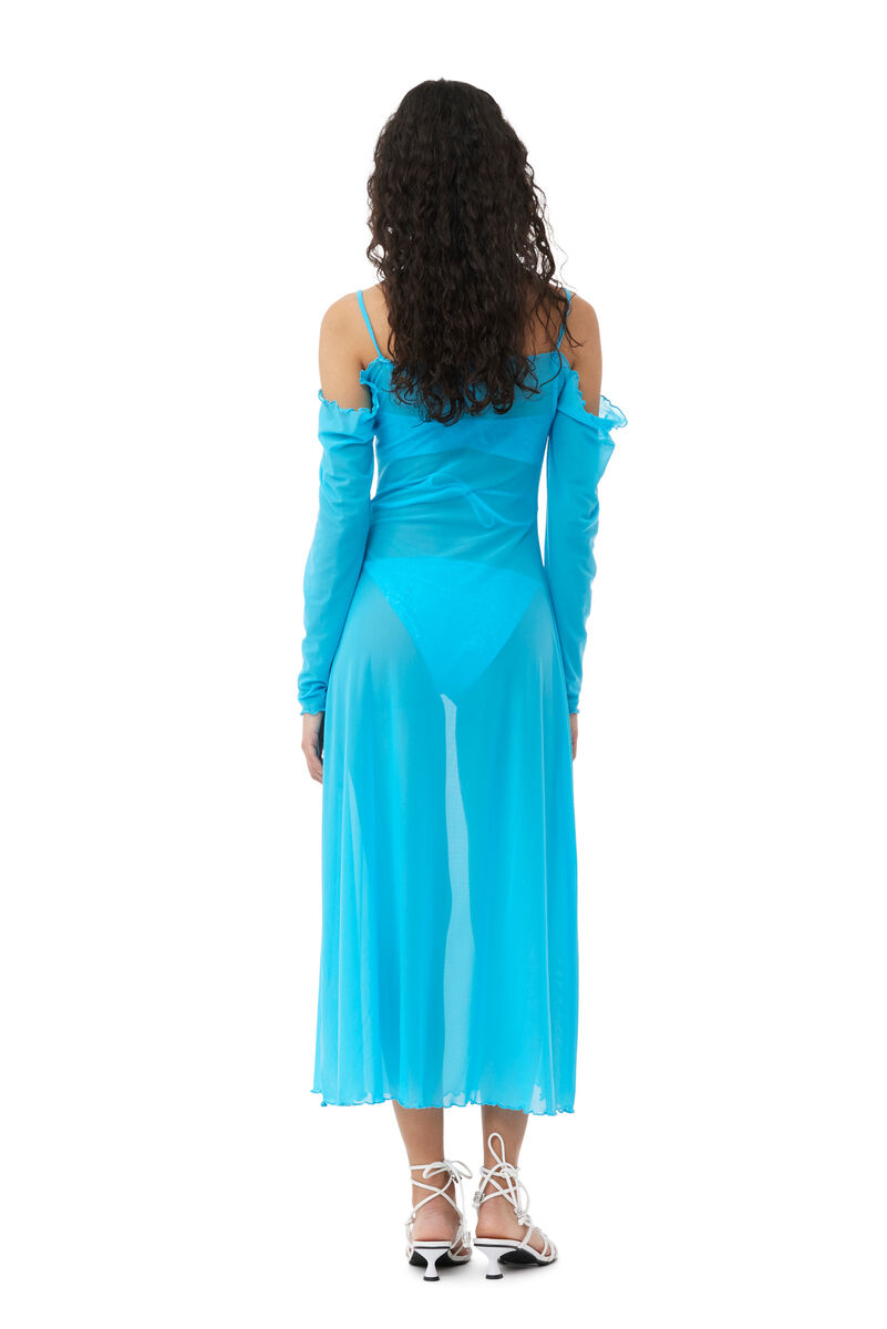 GANNI X ESTER MANAS Mesh Off Shoulder Dress, Recycled Nylon, in colour Bachelor Blue - 6 - GANNI