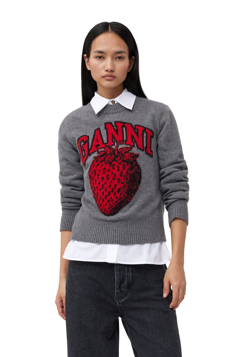 Graphic Strawberry O-neck Pullover, Recycled Polyamide, in colour Frost Gray - 1 - GANNI