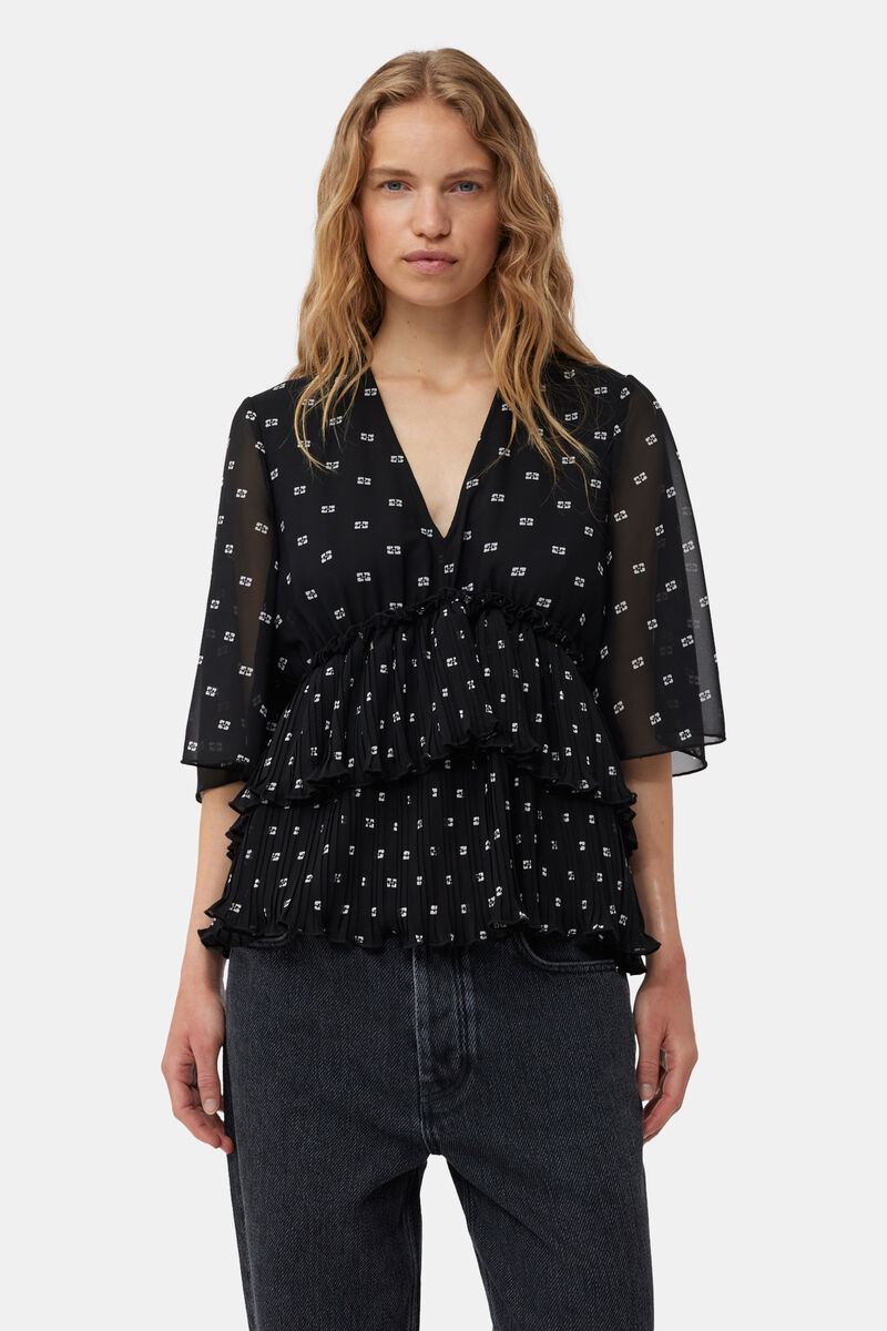 Black Pleated Georgette V-neck Flæsebluse, Recycled Polyester, in colour Black - 1 - GANNI
