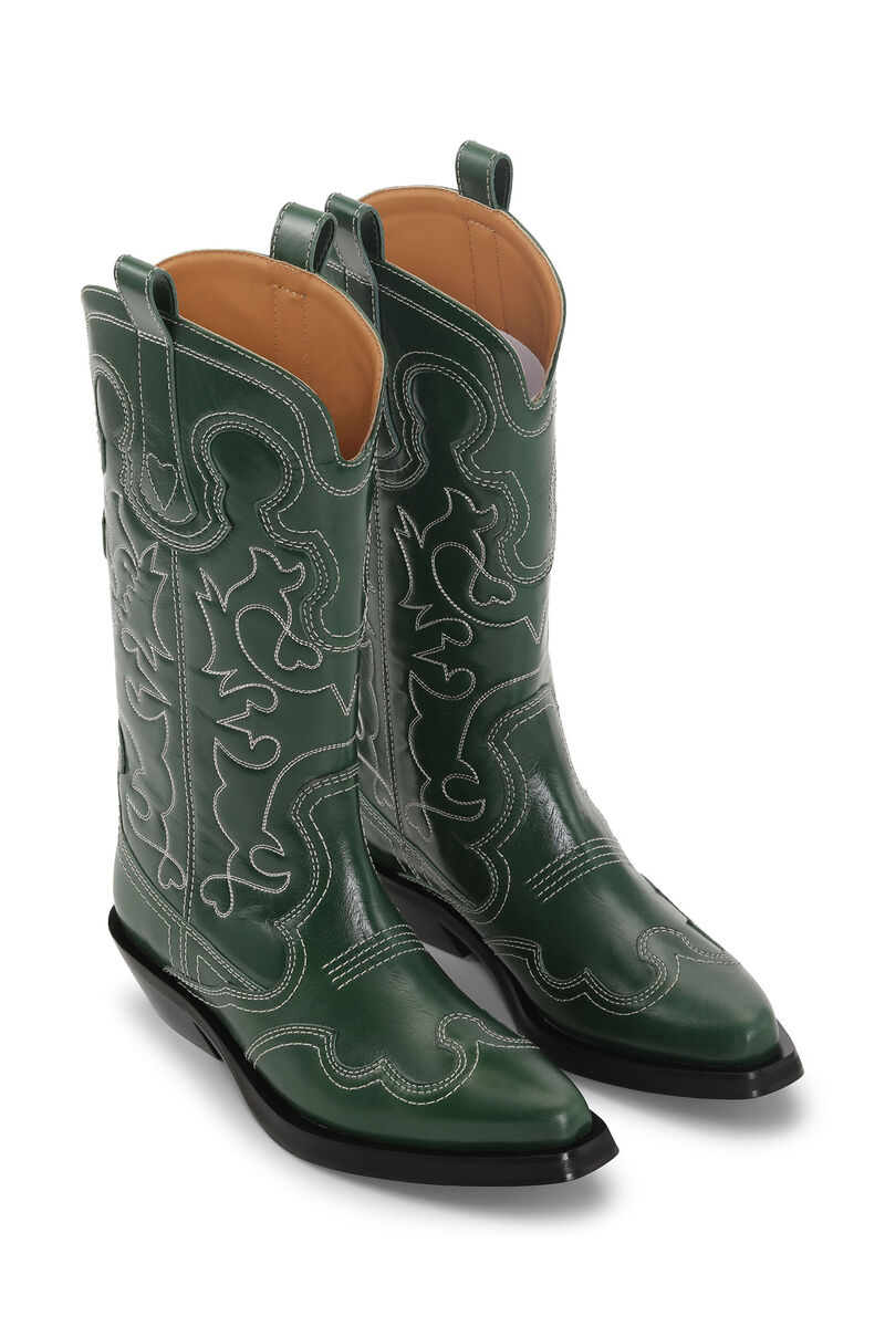 Kelly Green Mid Shaft Embroidered Western Boots | GANNI US