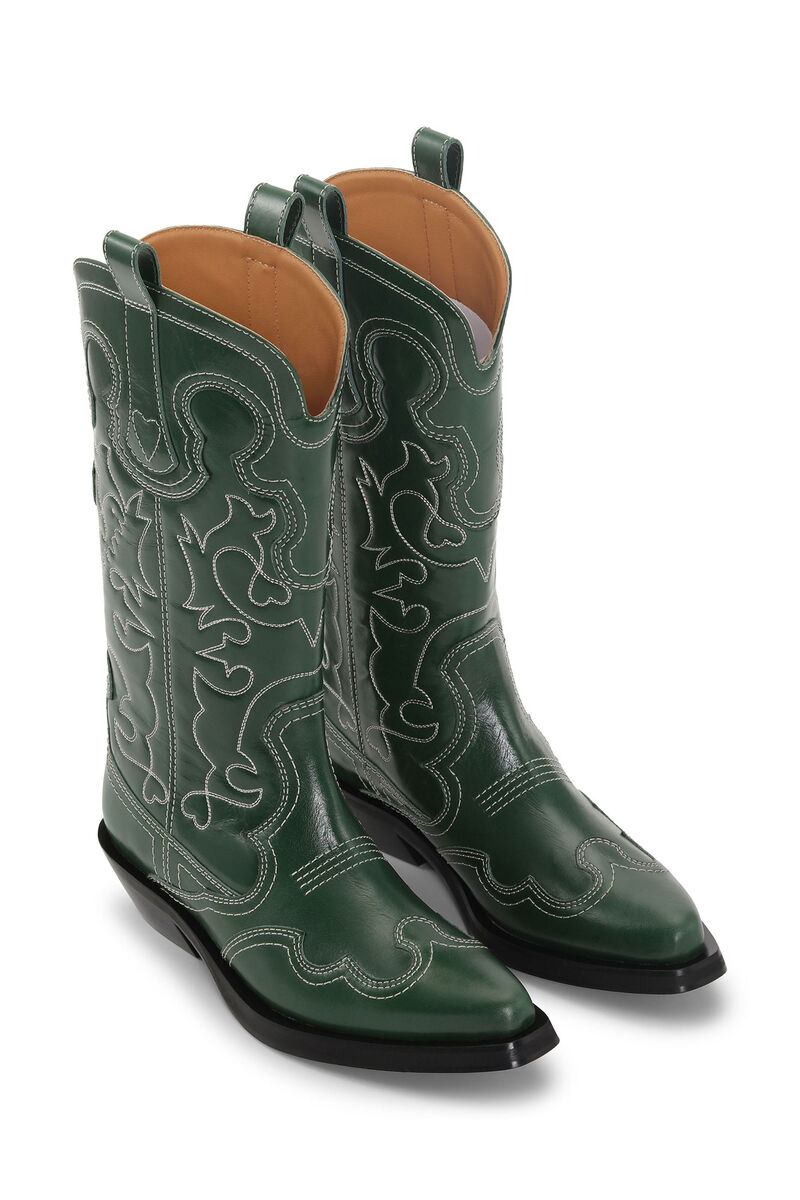 Kelly Green Mid Shaft Embroidered Western Boots GANNI US