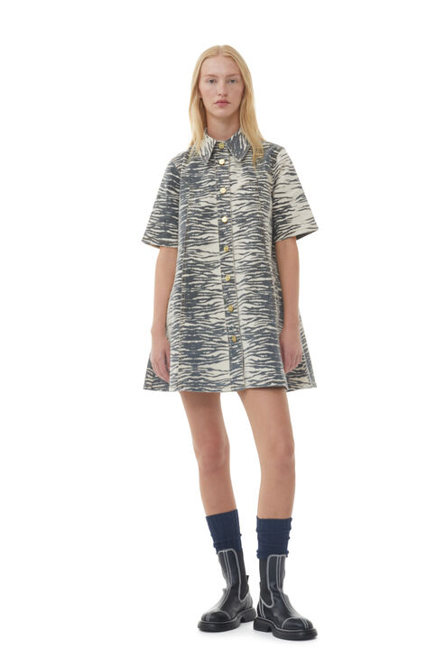 Ganni Short Sleeve Print Denim Mini Dress In Oyster Grey | ModeSens