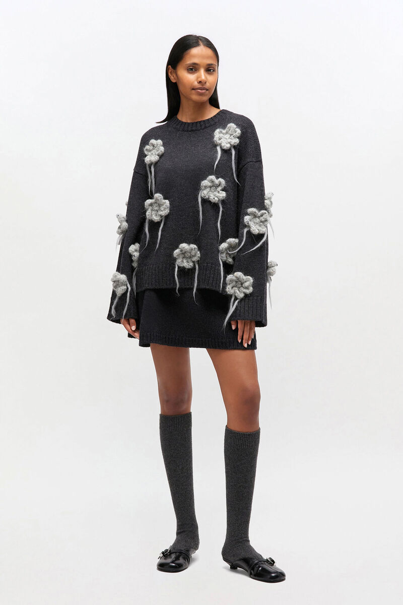 Dark Grey Flower Crochet Sweater, Alpaca, in colour Phantom - 2 - GANNI