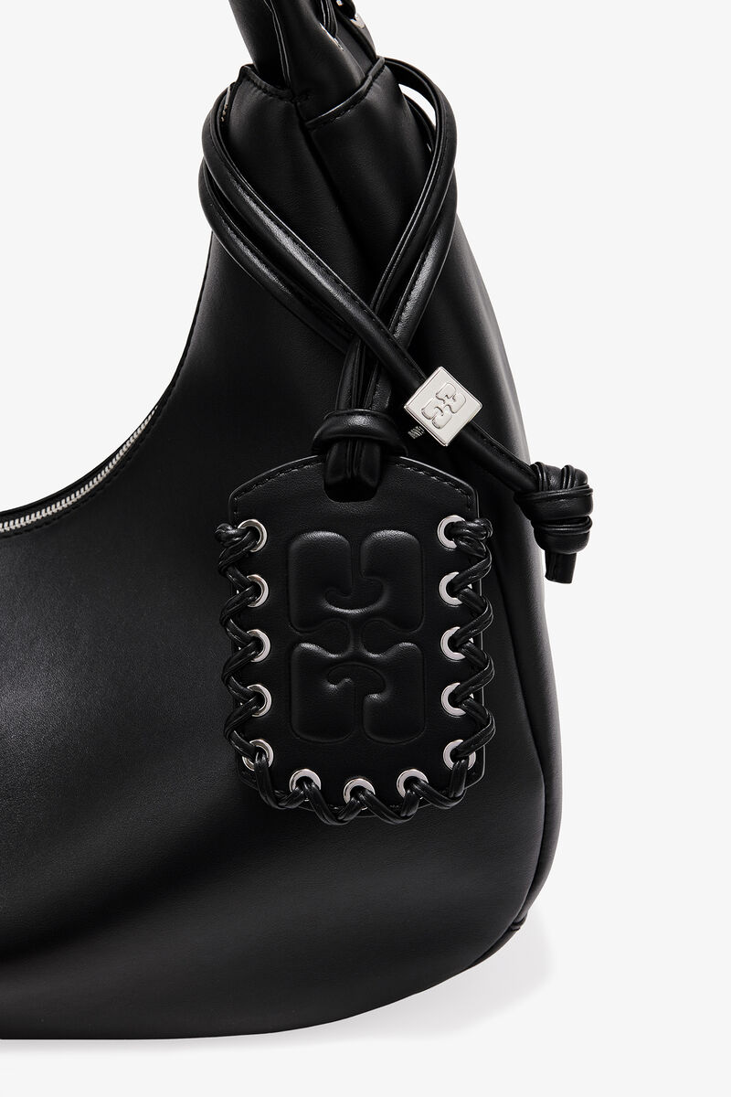 Black Medium Laces Hobo Bag, Recycled Leather, in colour Black - 3 - GANNI