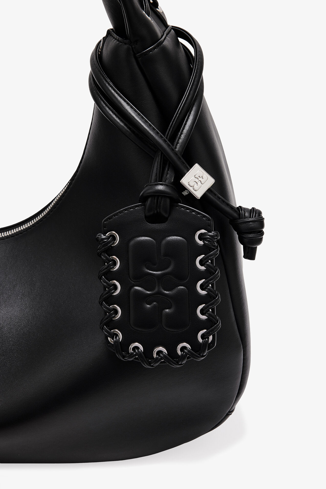 Black Medium Laces Hobo Bag, Recycled Leather, in colour Black - 3 - GANNI