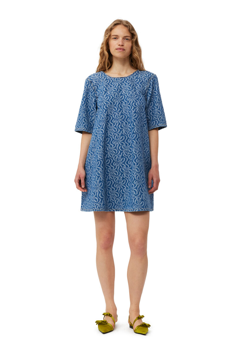 Blue Jacquard Denim A-line Mini-kjole, Cotton, in colour Mid Blue Stone - 1 - GANNI