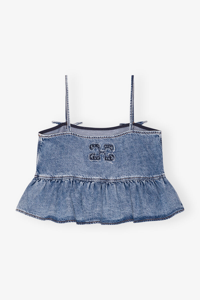 Blue Denim Strap Top, Lyocell, in colour Mid Blue Stone - 2 - GANNI