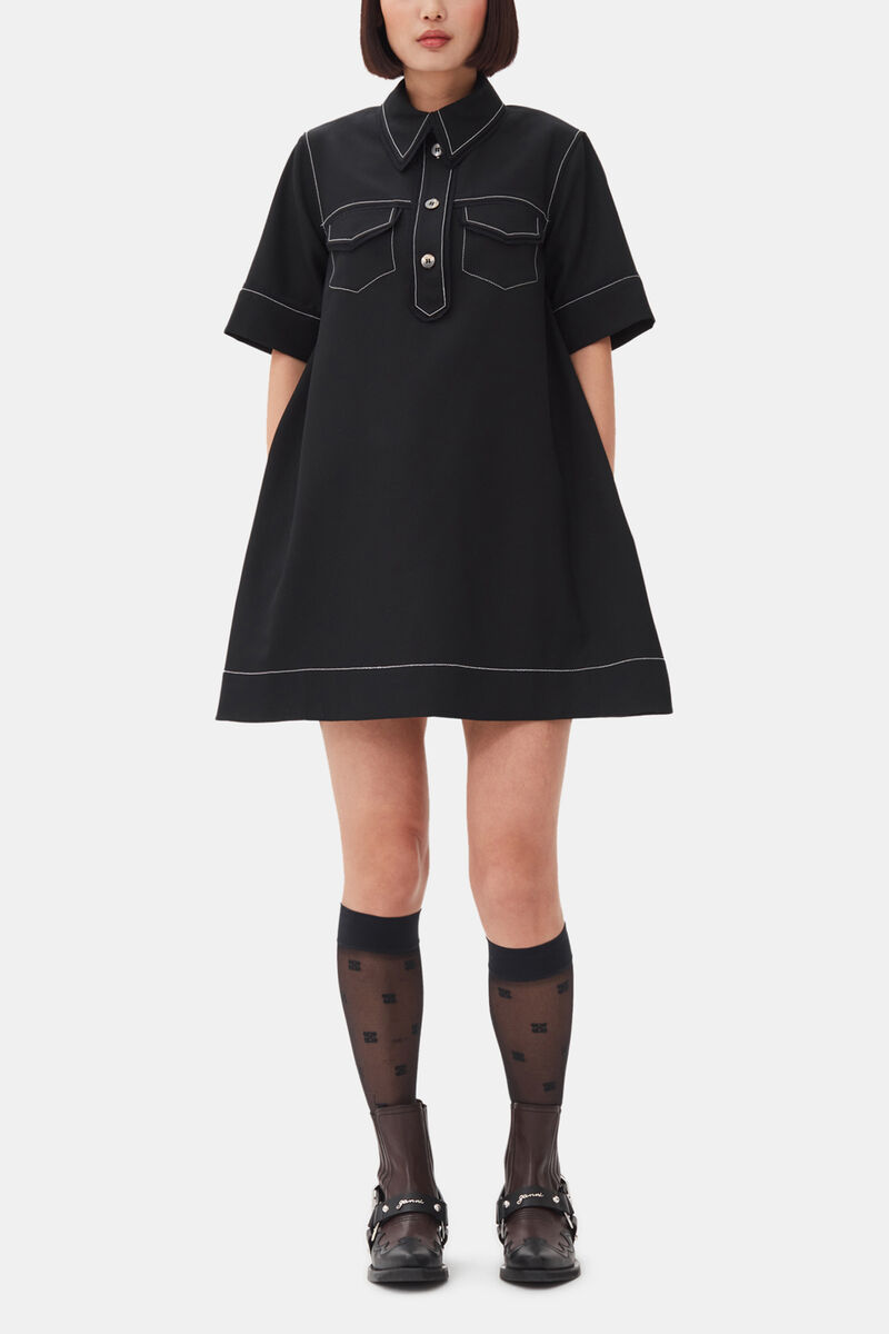 Black Crepe Mini Dress, Recycled Polyester, in colour Black - 1 - GANNI