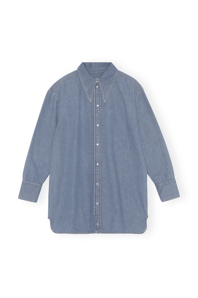 Oversized Denim Shirt, Organic Cotton, in colour Mid Blue Vintage - 1 - GANNI