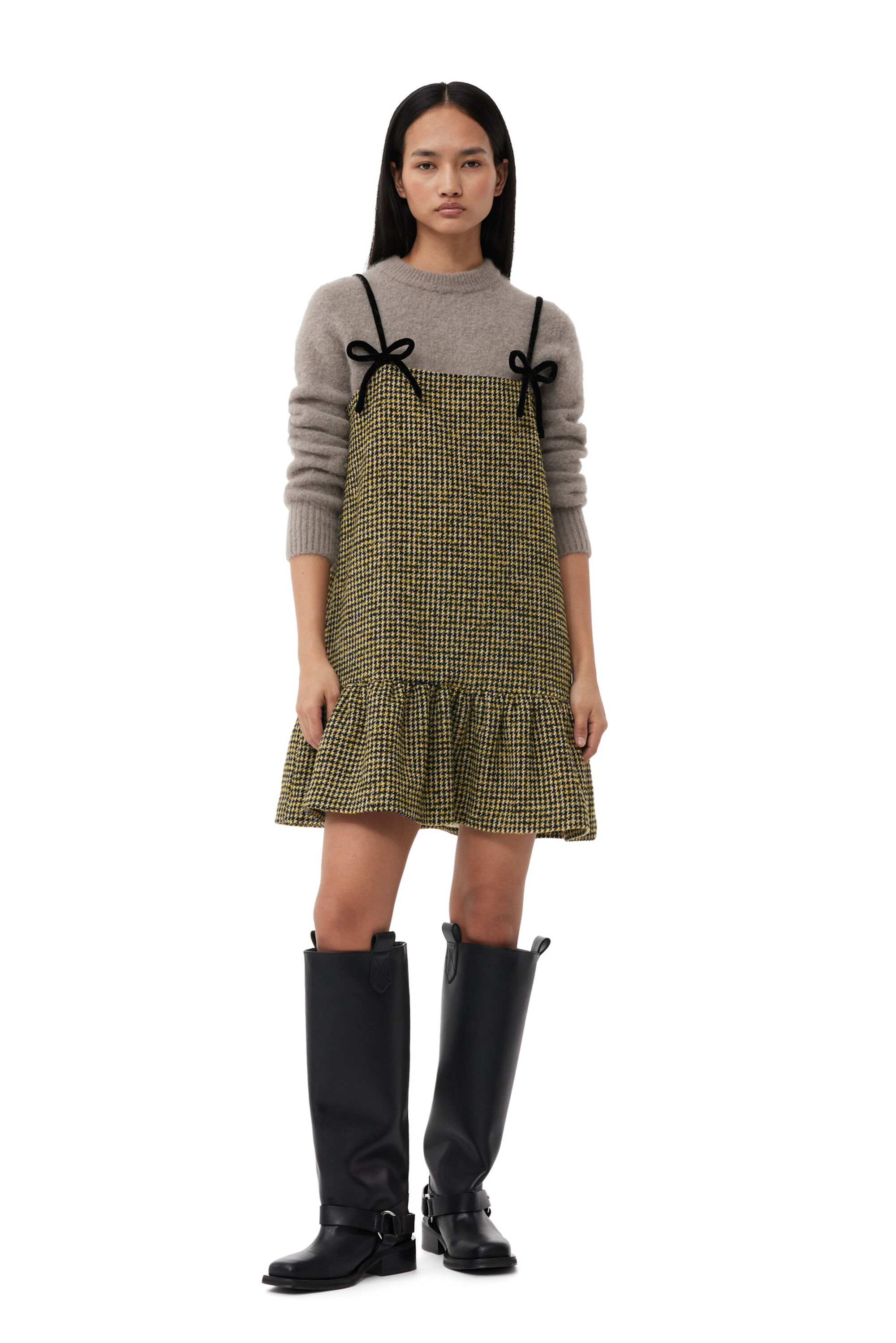 Blazing Yellow Checkered Woollen Mini Dress | GANNI FI
