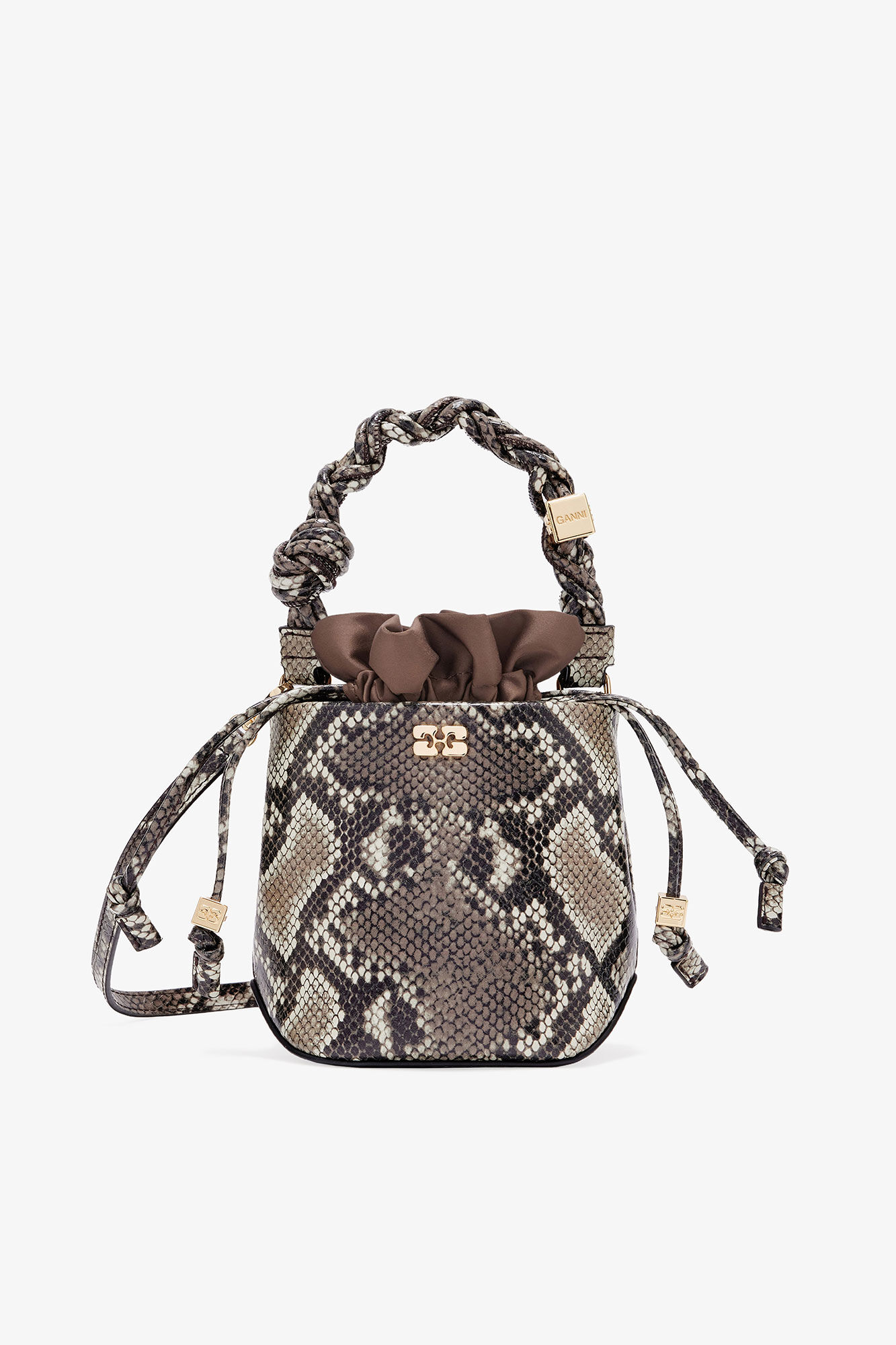 Mini GANNI Bou Bucket Tasche in Schlangenoptik, Polyester, in colour Egret - 1 - GANNI