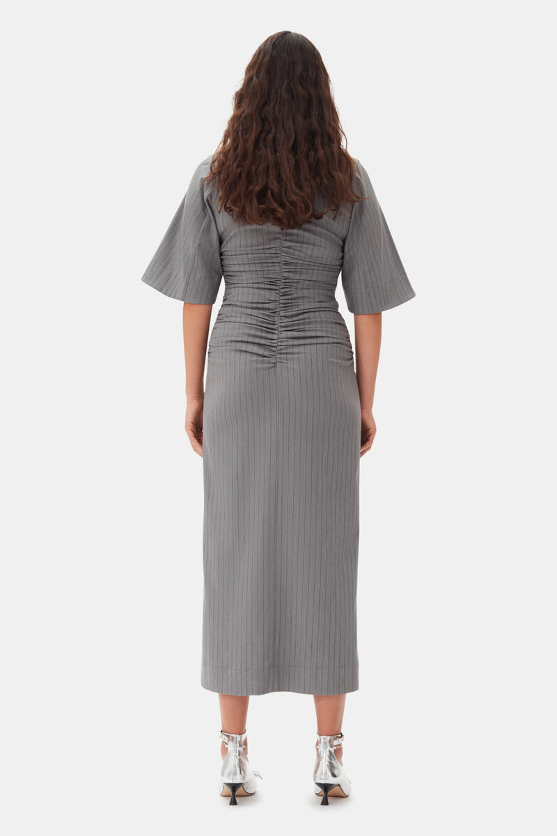 Grey Striped Suiting V-neck Fitted Dress, Elastane, in colour Mirage Gray - 4 - GANNI