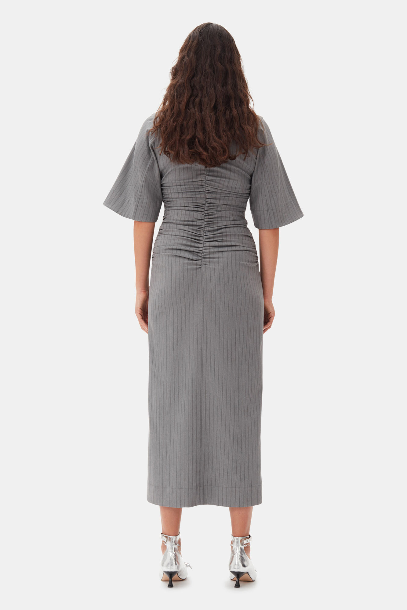 Grey Striped Suiting V-neck Fitted Dress, Elastane, in colour Mirage Gray - 4 - GANNI