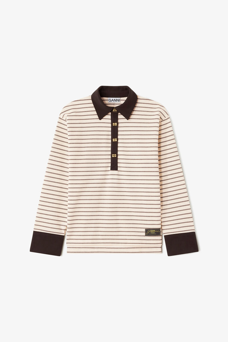 Polo Shirt in Stripe, Organic Cotton, in colour Chocolate Brown - 1 - GANNI