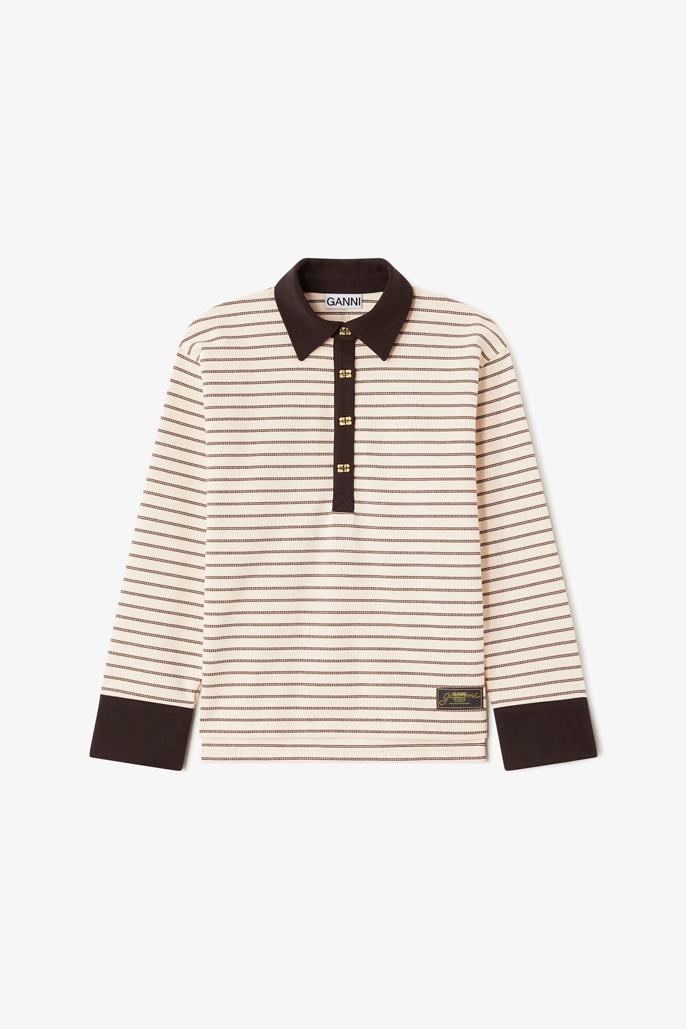 Polo Shirt in Stripe, Organic Cotton, in colour Chocolate Brown - 1 - GANNI