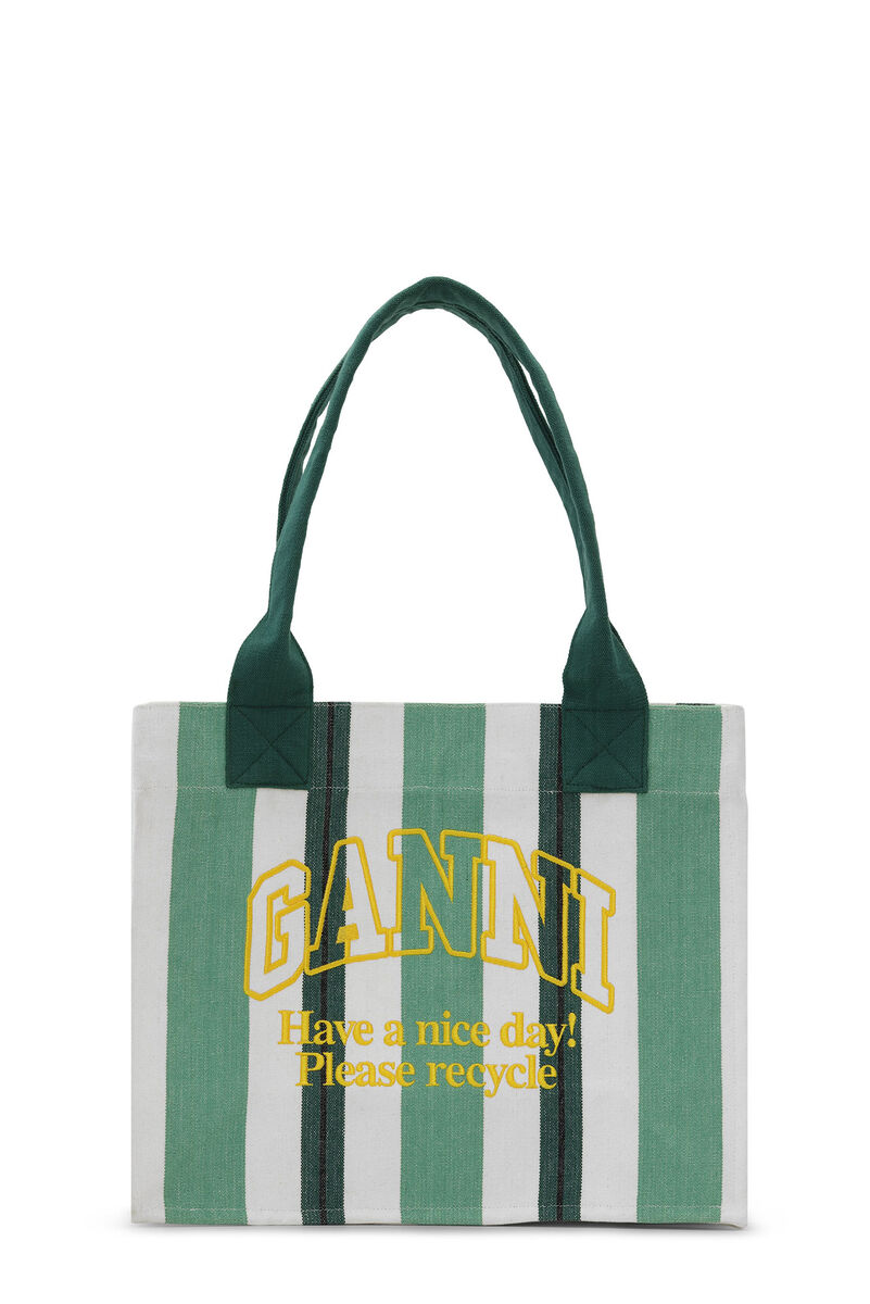 Sac Green Large Striped Canvas Tote, Recycled Cotton, in colour Juniper - 1 - GANNI