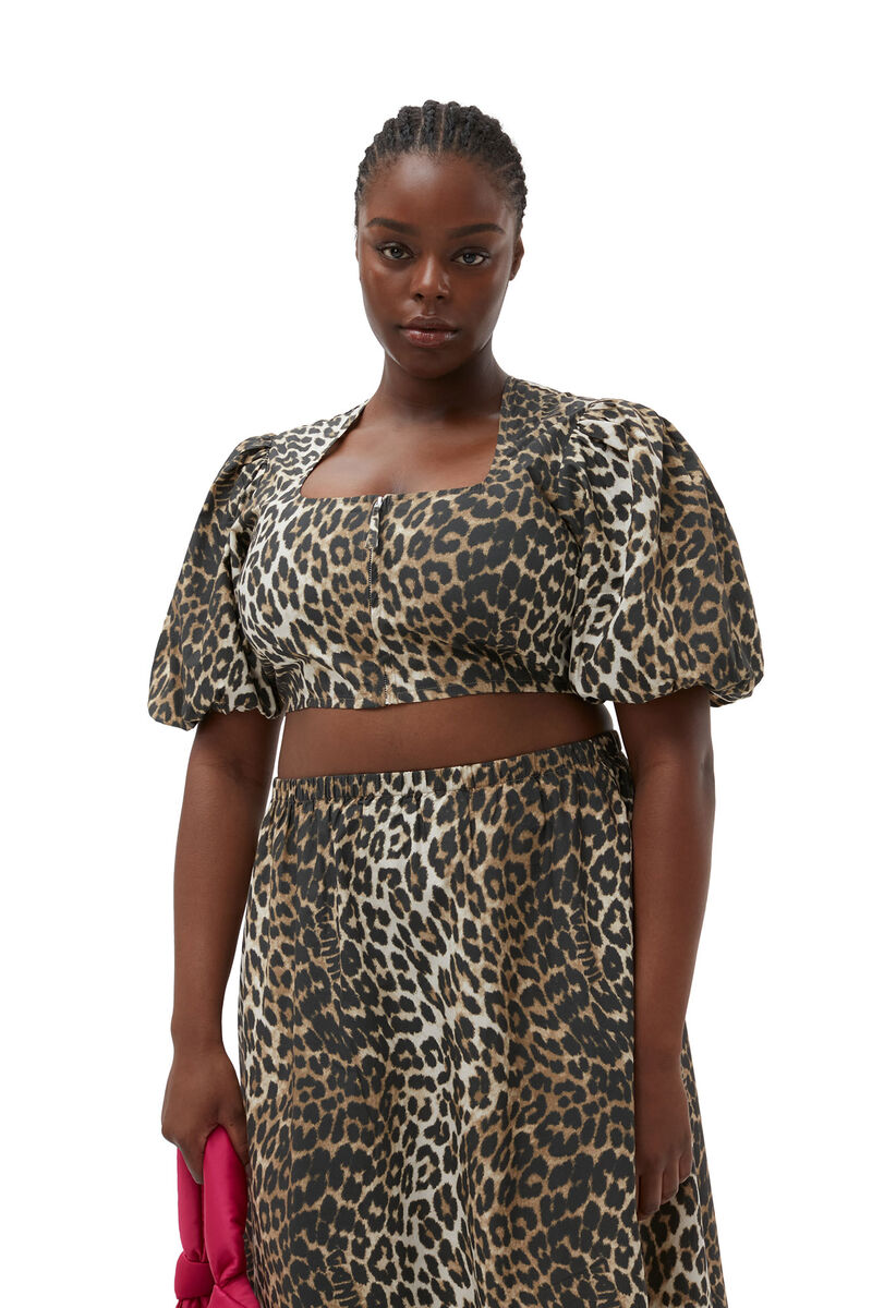 Printed Cropped Zipper Bluse, Cotton, in colour Big Leopard Almond Milk - 1 - GANNI
