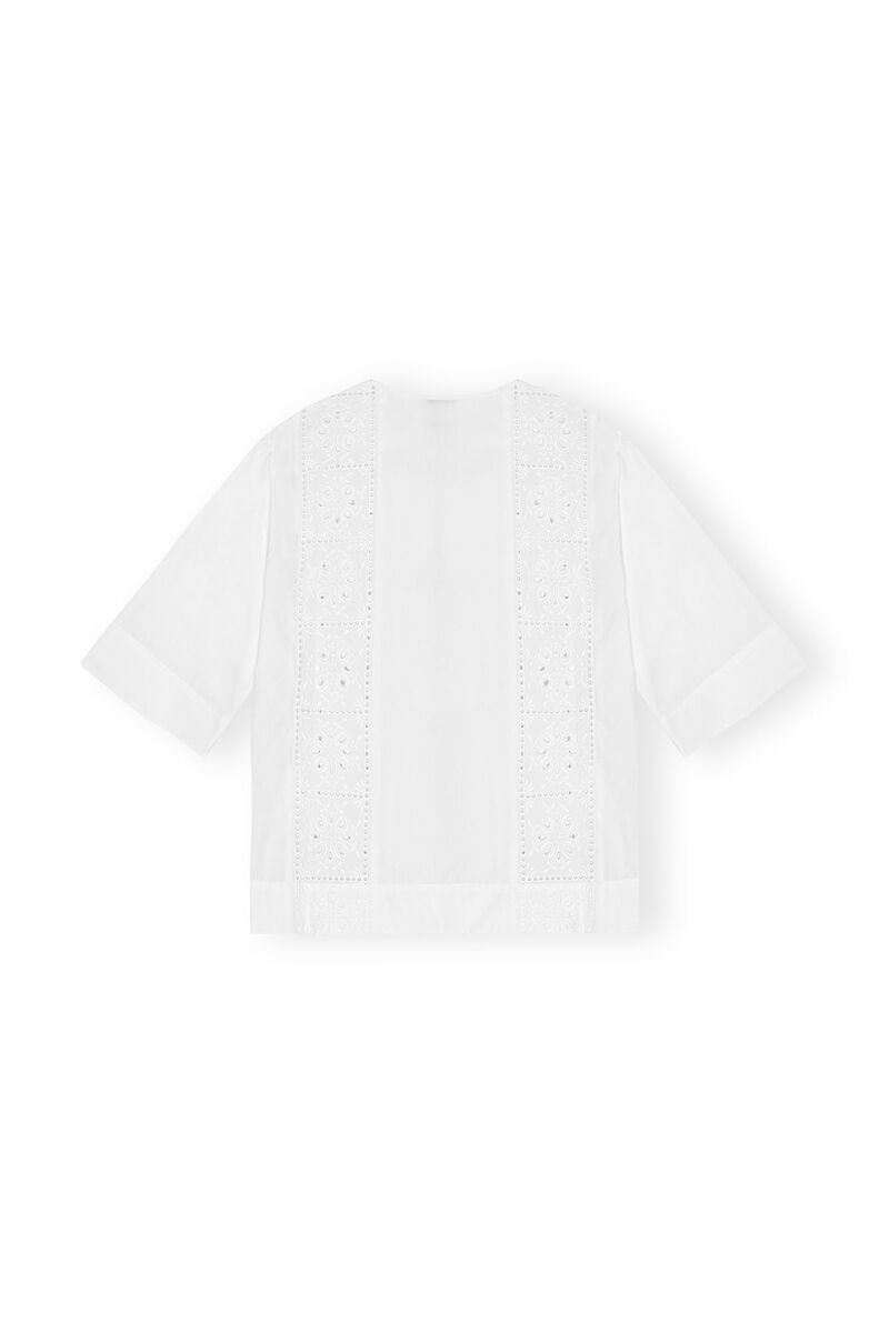 White Broderie Anglaise Tie Blouse, Cotton, in colour Bright White - 2 - GANNI