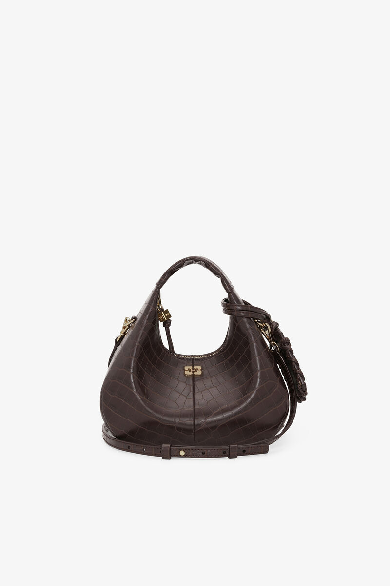 Brown Croco Mini Hobo Bag, Recycled Leather, in colour Chocolate Fondant - 1 - GANNI