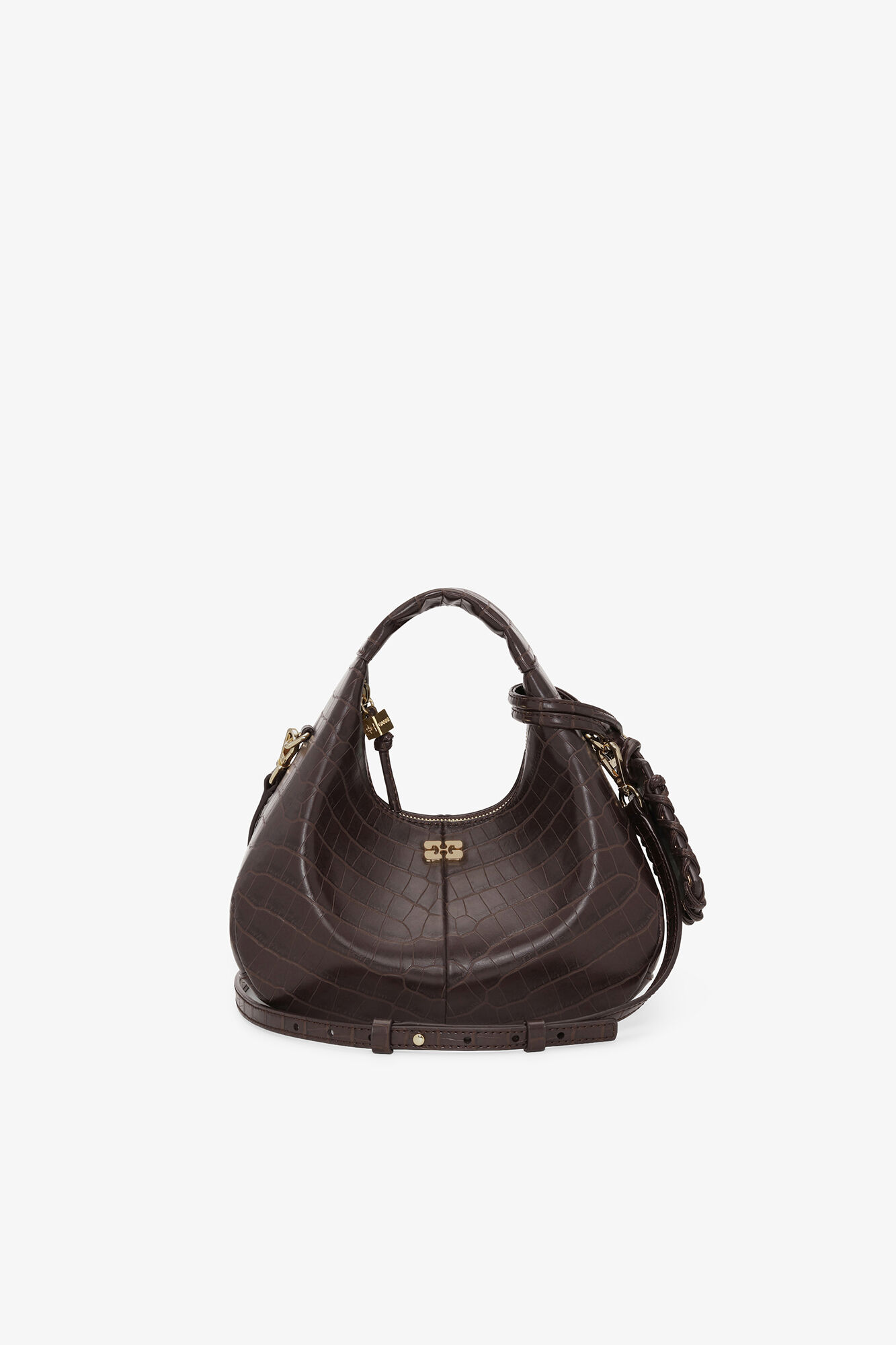 Brown Croco Mini Hobo Bag, Recycled Leather, in colour Chocolate Fondant - 1 - GANNI