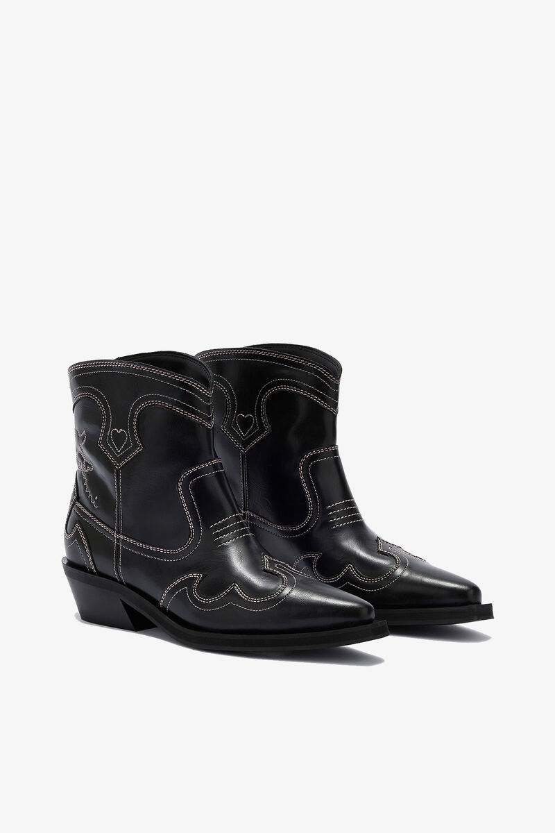 Low Shaft Embroidered Western Boots, Polyurethane, in colour Black/Pink - 2 - GANNI