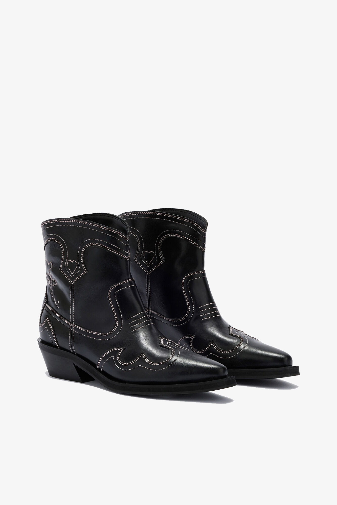 Low Shaft Embroidered Western Boots, Polyurethane, in colour Black/Pink - 2 - GANNI