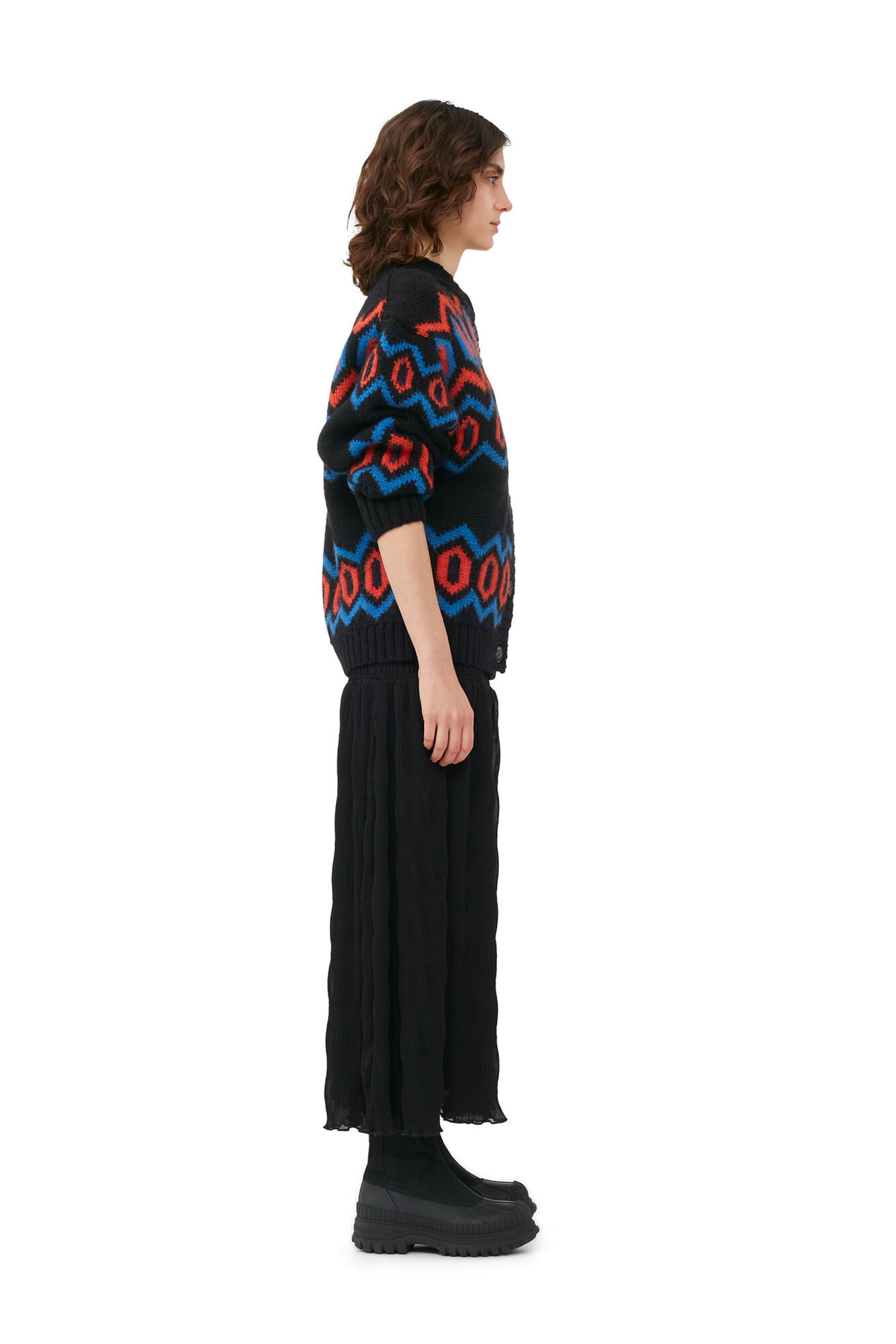 Black Chunky Graphic Wool Cardigan, Organic Wool, in colour Black - 2 - GANNI