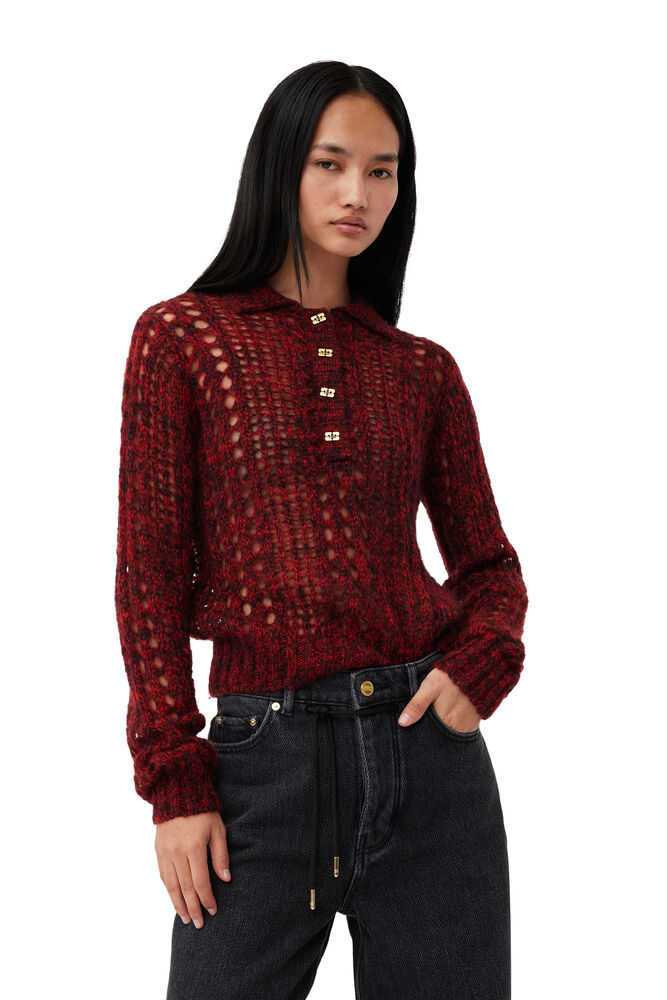 GANNI Red Mohair Lace Polo Sweater,Racing Red