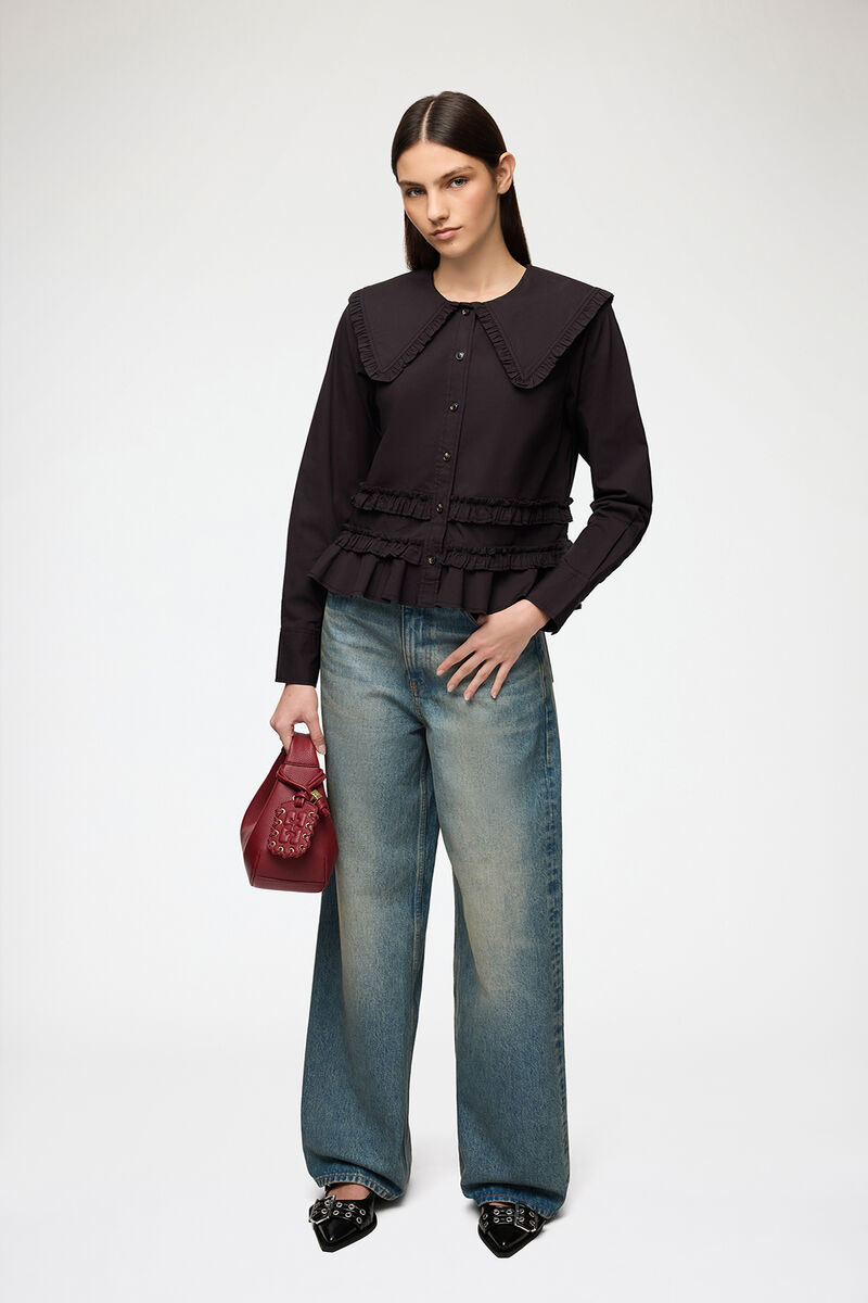 Stretch Cotton Ruffle Shirt, Organic Cotton, in colour Black - 2 - GANNI