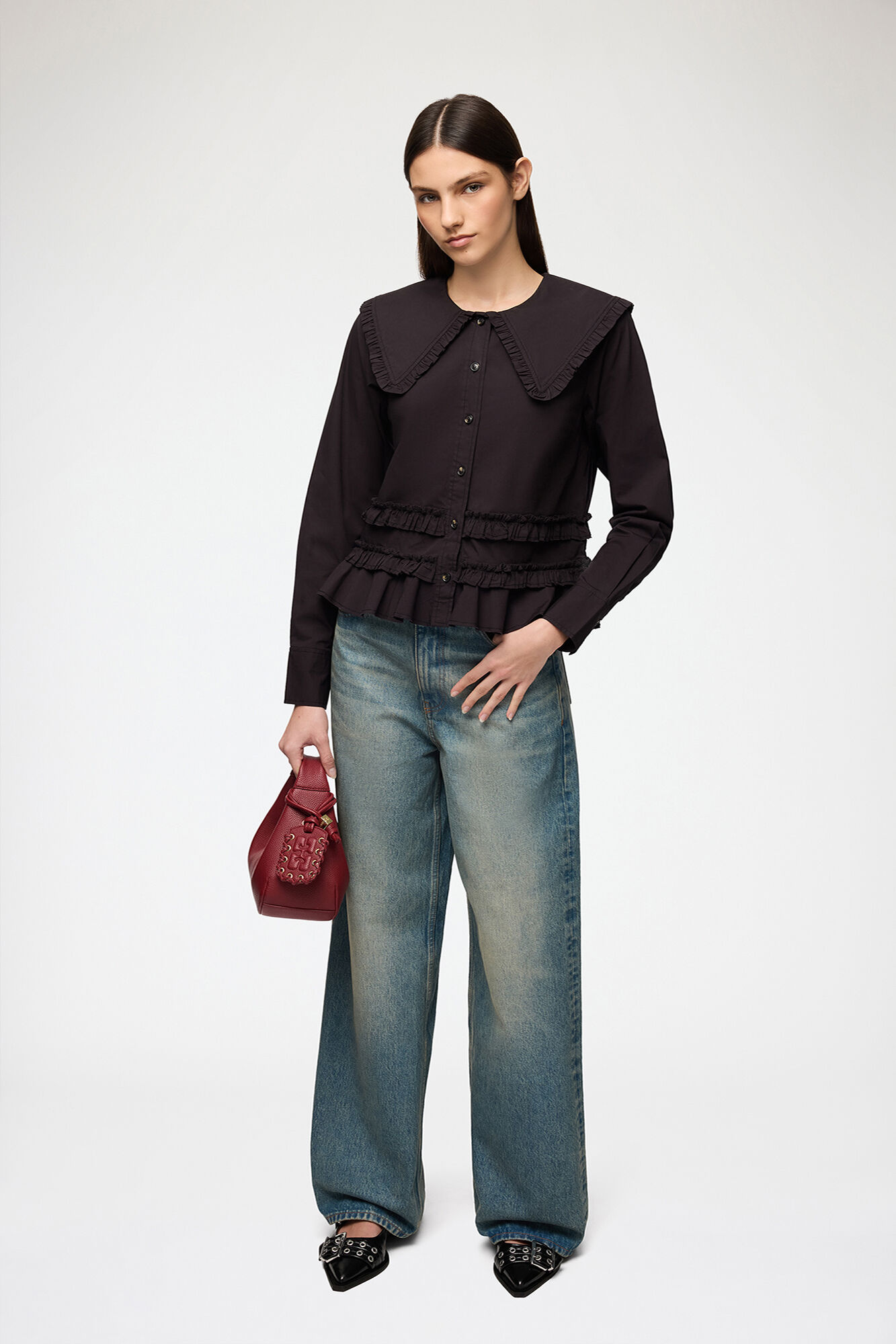 Stretch Cotton Ruffle Shirt, Organic Cotton, in colour Black - 2 - GANNI