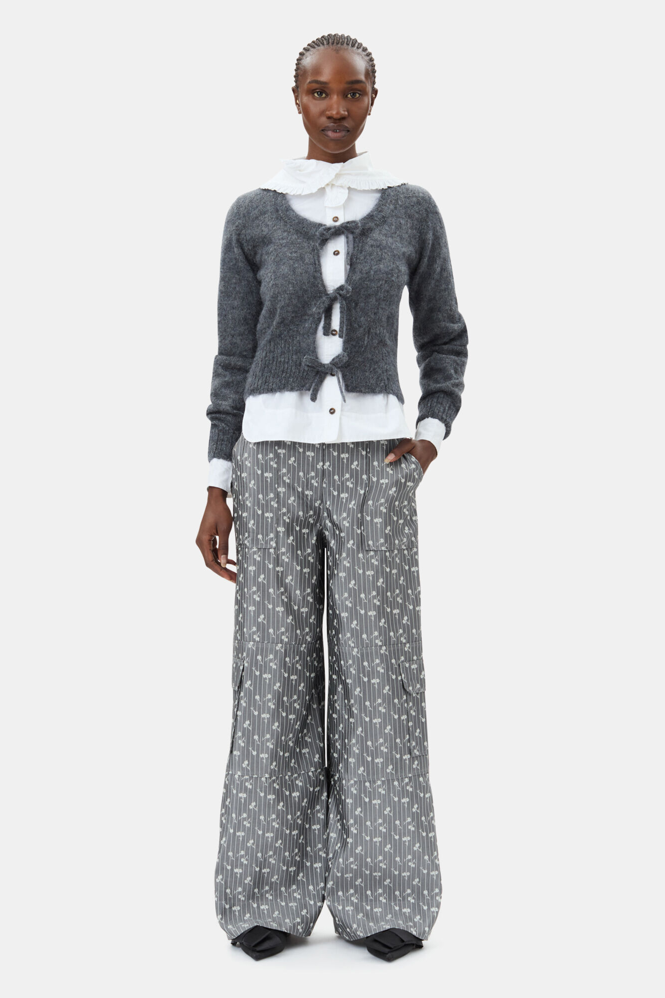 Grey Jacquard Cargo Trousers, Acetate, in colour Smoked Pearl - 1 - GANNI