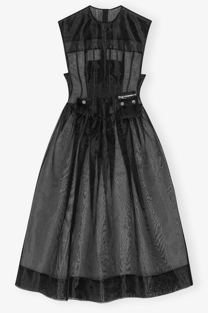 Black Technical Organza Corset Midi Dress, Recycled Polyester, in colour Black - 1 - GANNI