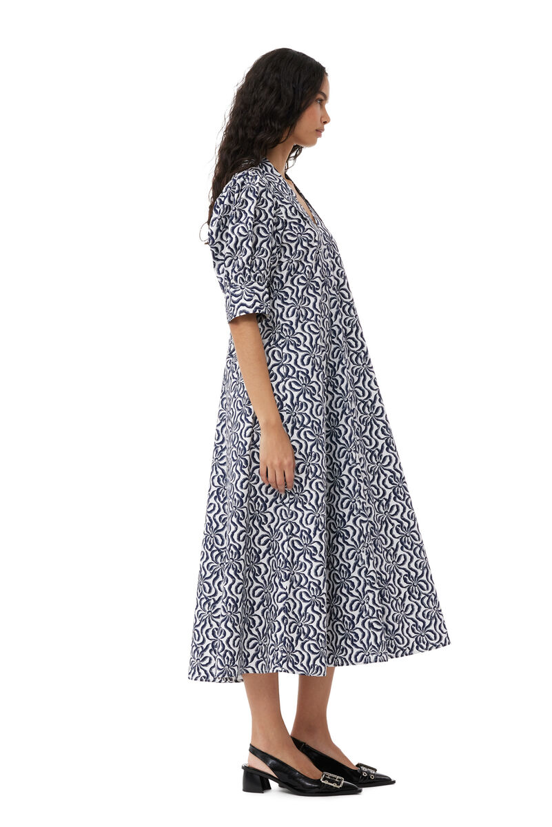 Printed Cotton Poplin V-neck Long Kleid, Cotton, in colour Egret - 3 - GANNI