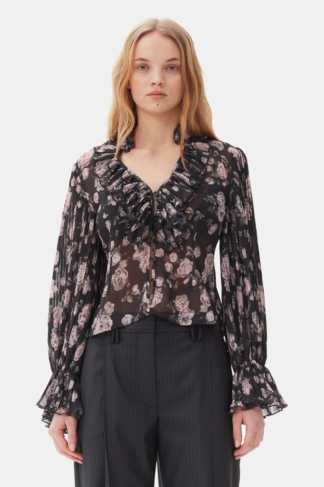 Floral Printed Pleated Georgette Blouse, Recycled Polyester, in colour Phantom - 1 - GANNI