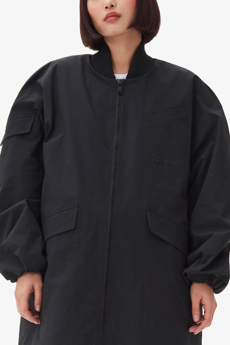 Black Tech Seersucker Oversized Shell Coat, Recycled Polyester, in colour Black - 2 - GANNI