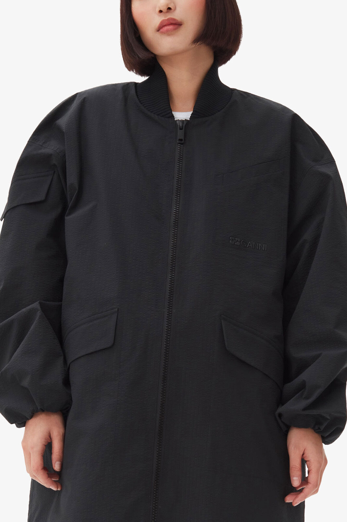 Black Tech Seersucker Oversized Shell Coat, Recycled Polyester, in colour Black - 2 - GANNI
