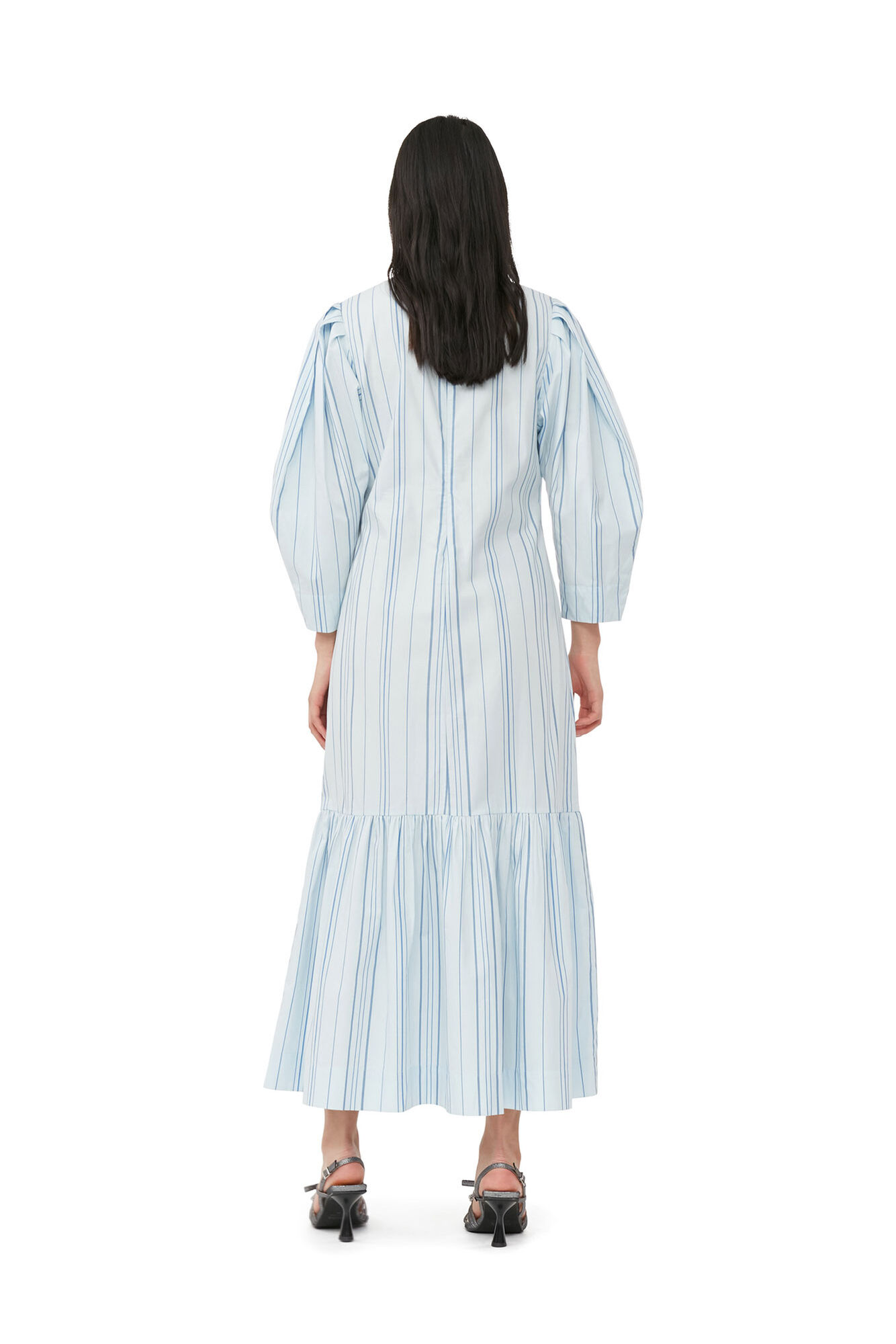Gestreiftes Twill-Maxikleid mit V-Ausschnitt, Cotton, in colour Heather - 3 - GANNI