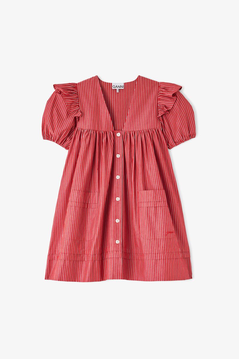 Mini Dress in Striped Cotton, Organic Cotton, in colour High Risk Red - 1 - GANNI