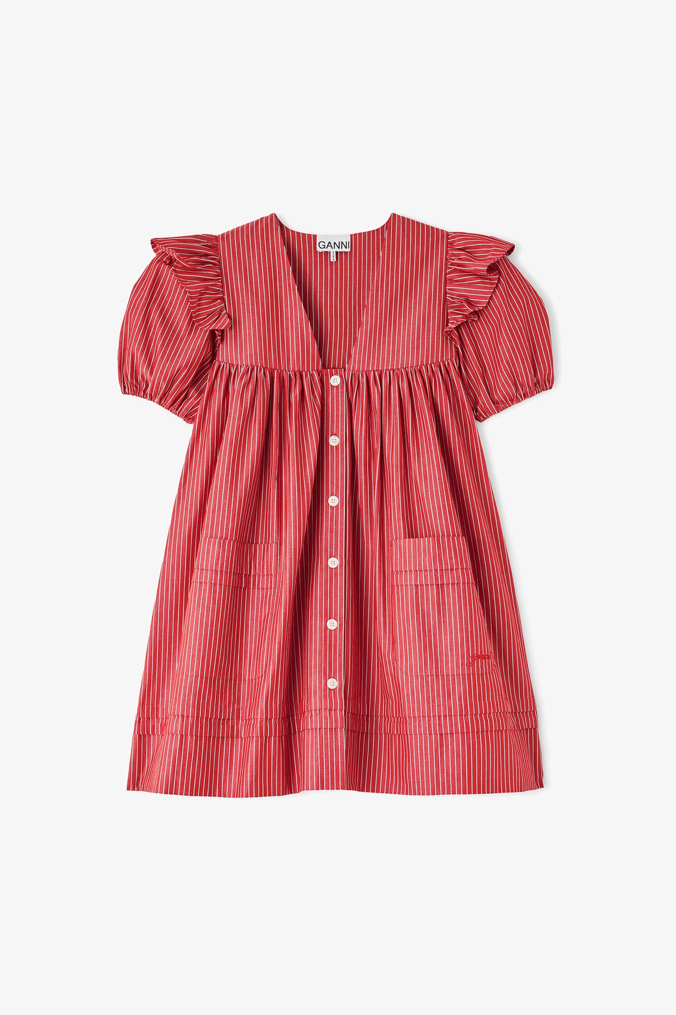 Mini Dress in Striped Cotton, Organic Cotton, in colour High Risk Red - 1 - GANNI