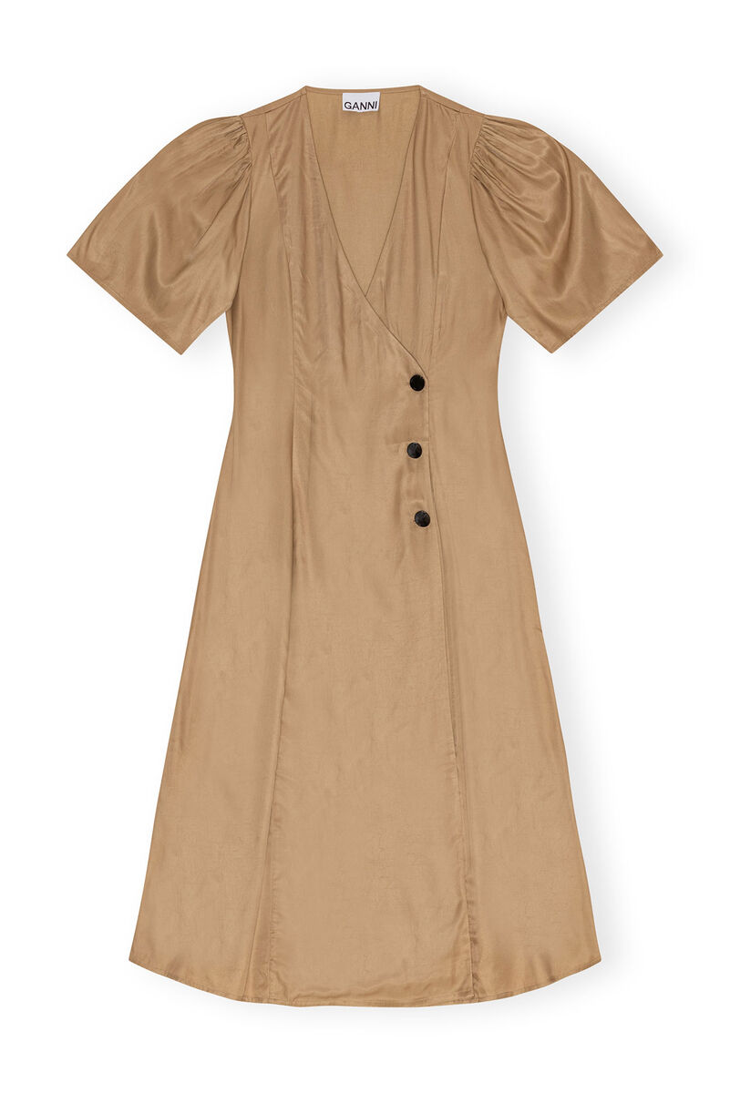 Brown Viscose Twill Wrap Midi Dress, Ecovero Viscose, in colour Tiger's Eye - 1 - GANNI